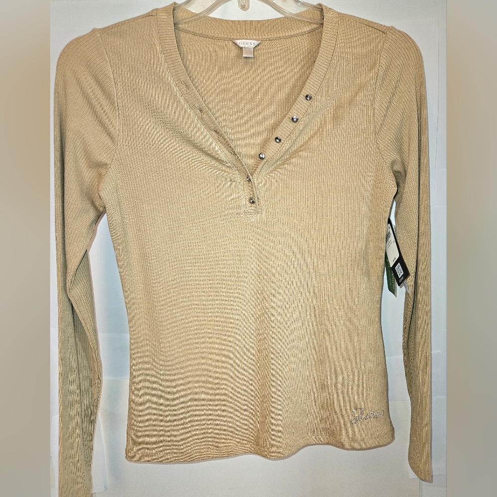 Guess Beige Long Sleeve Top with Button Accents